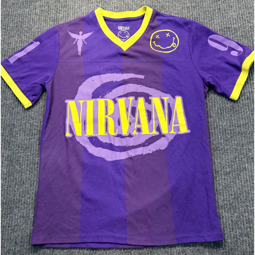 Nirvana Graphic Jersey Purple Yellow Striped V-Neck Band Shirt 91 Smiley S